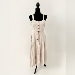 Lulu’s Beige Button-Front Tiered Midi Dress